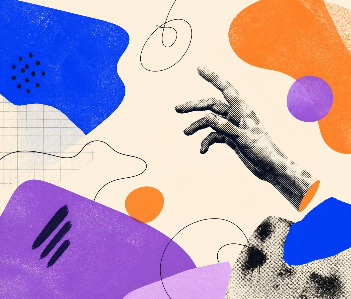 Abstract collage of colourful shapes and a reaching hand